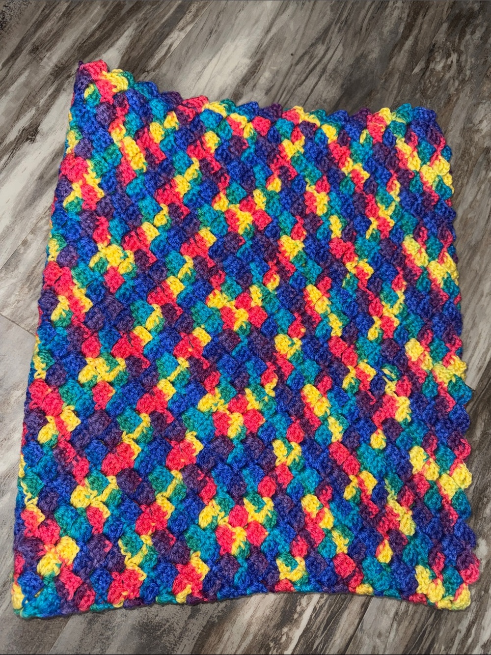 Vintage baby knit crochet Afghan blanket Vibrant multicolor 37X31 inch